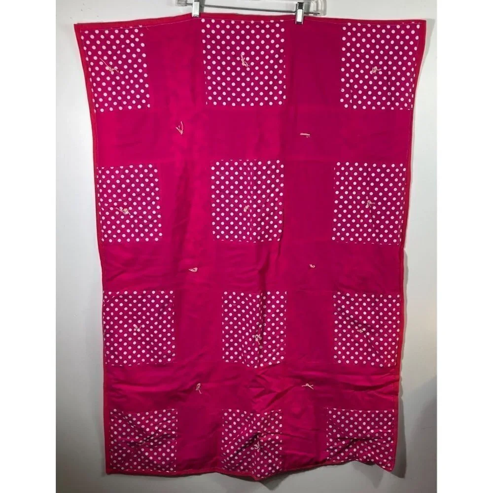 Handmade Handtied Baby Quilt Bright‎ Pink White Polka Dot Squares 33 x 47